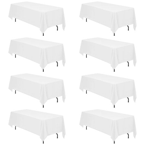 BRILLMAX 8 Pack White Tablecloths 70 x 120 Inch for 6ft & 8ft Rectangle Tables - 150 GSM Polyester Fabric, Universal Fit, Water, Stain & Wrinkle Resistant Cloth Cover for Wedding Reception Banquet