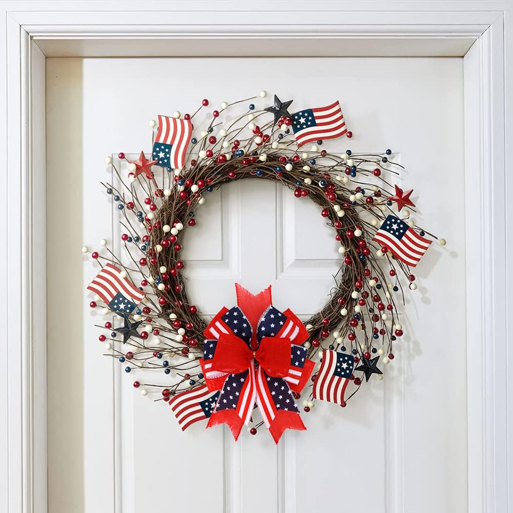 Meseey Patriotic Bows for Wreaths - Large Burlap Red, White & Blue Stripe Stars Bow | 12” x 9.4” for 4th of July Decor