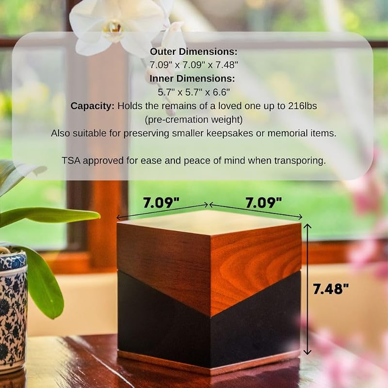 Adult Walnut Wood Cremation Urn with Secure Lid & Velvet Bag
