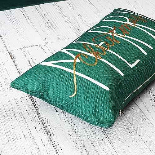 ONWAY Christmas Pillow Cover 12x20 Inch Merry Christmas Gold Green Decorative Throw Pillows Farmhouse Winter Holiday Decor Cushion Case for Sofa Couch Home Decorations