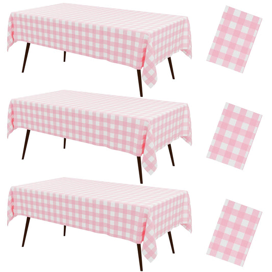misaya 3 Packs Buffalo Disposable Table Cloth, 54 x 108 Inch Waterproof Plastic Tablecloth, Rectangle Pink and White Checkered Table Covers for Picnic, Birthday, Party