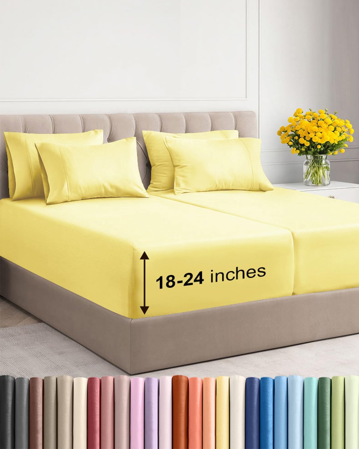 Skiennix Extra Deep Split King Sheet Set - 7 Piece Breathable Cooling Bedding - Soft, Wrinkle-Free Yellow