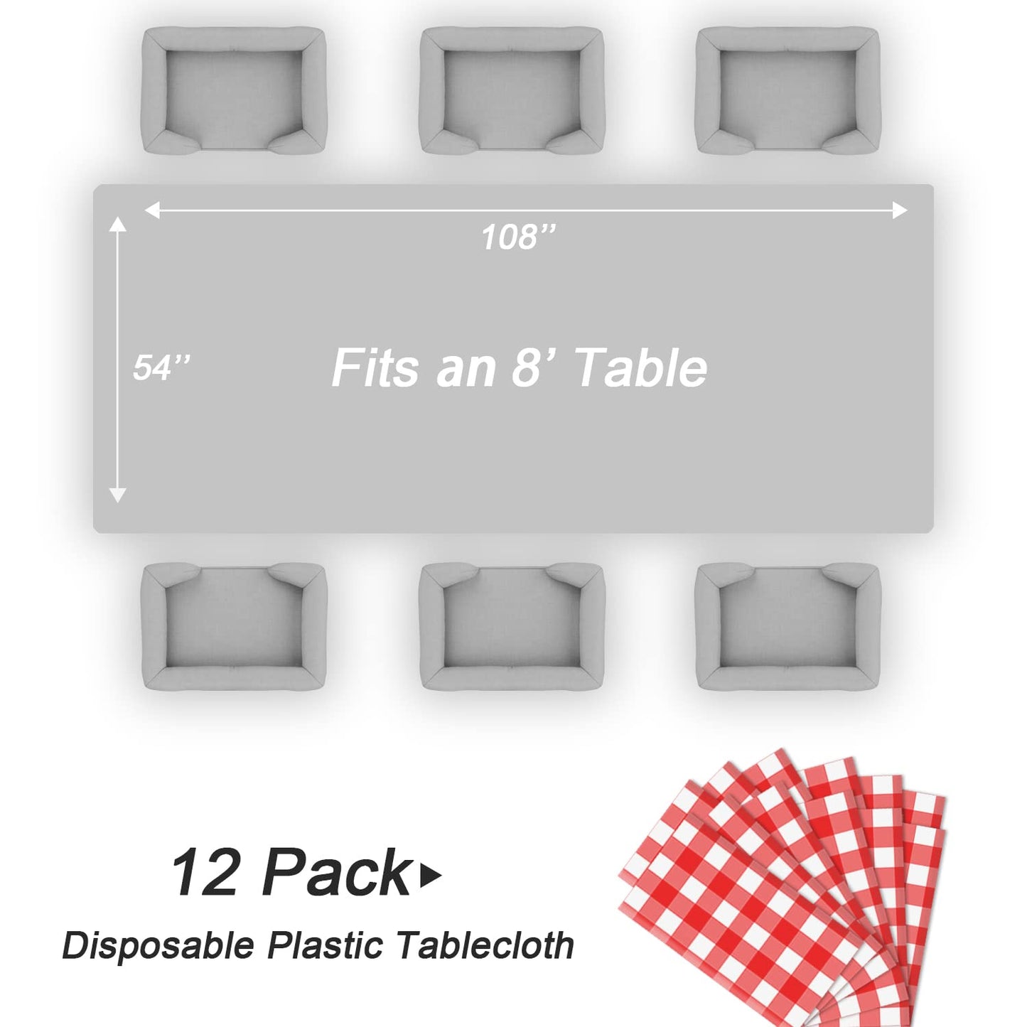 QIKSION Red Gingham Tablecloth Disposable 12 Pack, 54 x 108 Inch Red and White Checkered Table Cloth for Picnic, Outdoor BBQ Decorations, Birthday Party Supplies, Rectangle, Plastic Table Cover