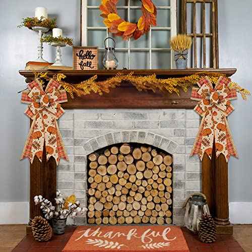 Large Fall Pumpkin Wreath Bows for Front Door, Thanksgiving Natural Burlap Orange Buffalo Plaid Autumn Pumpkin Leaves Tree Topper Bows for Wreath Fall Thanksgiving Day Decorations