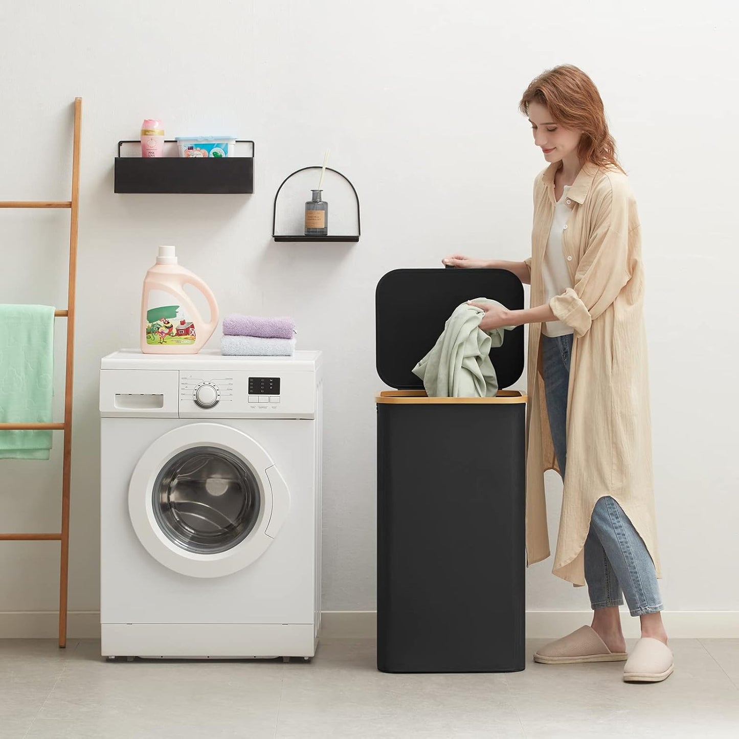Lifewit 100L Laundry Basket - Large Collapsible Hamper with Lid & Bamboo Handles | Beige & Black