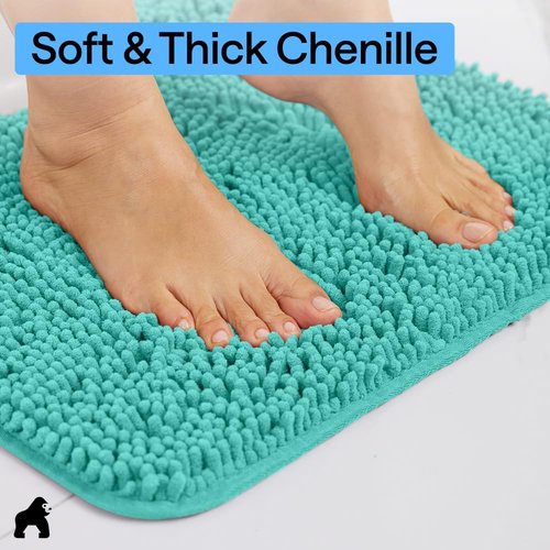GORILLA GRIP Bath Rug Mat - Thick Soft Absorbent Chenille | Quick Dry Microfiber, 24x17, Turquoise