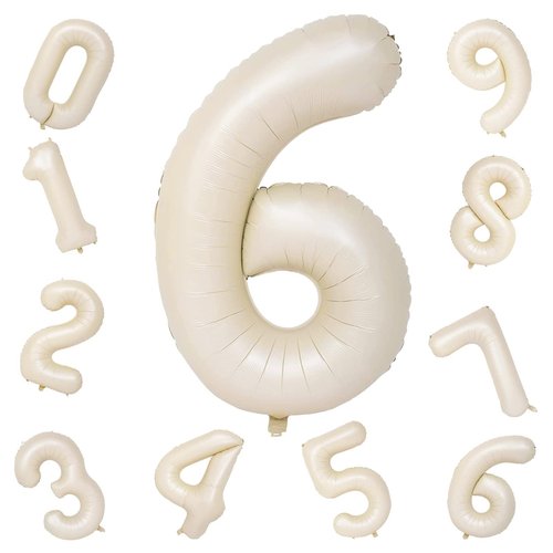 Cream Number Balloons, 40inch Large Beige Number 6 Foil Mylar Helium Balloons for Girls Women, Ivory White Self Inflating Number Balloons 0-9 for Men Boys Birthday Party Celebration Decoration