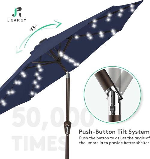 JEAREY 9FT Outdoor Patio Umbrella - LED Lighted with Solar Lights & Tilt Crank - Navy Blue