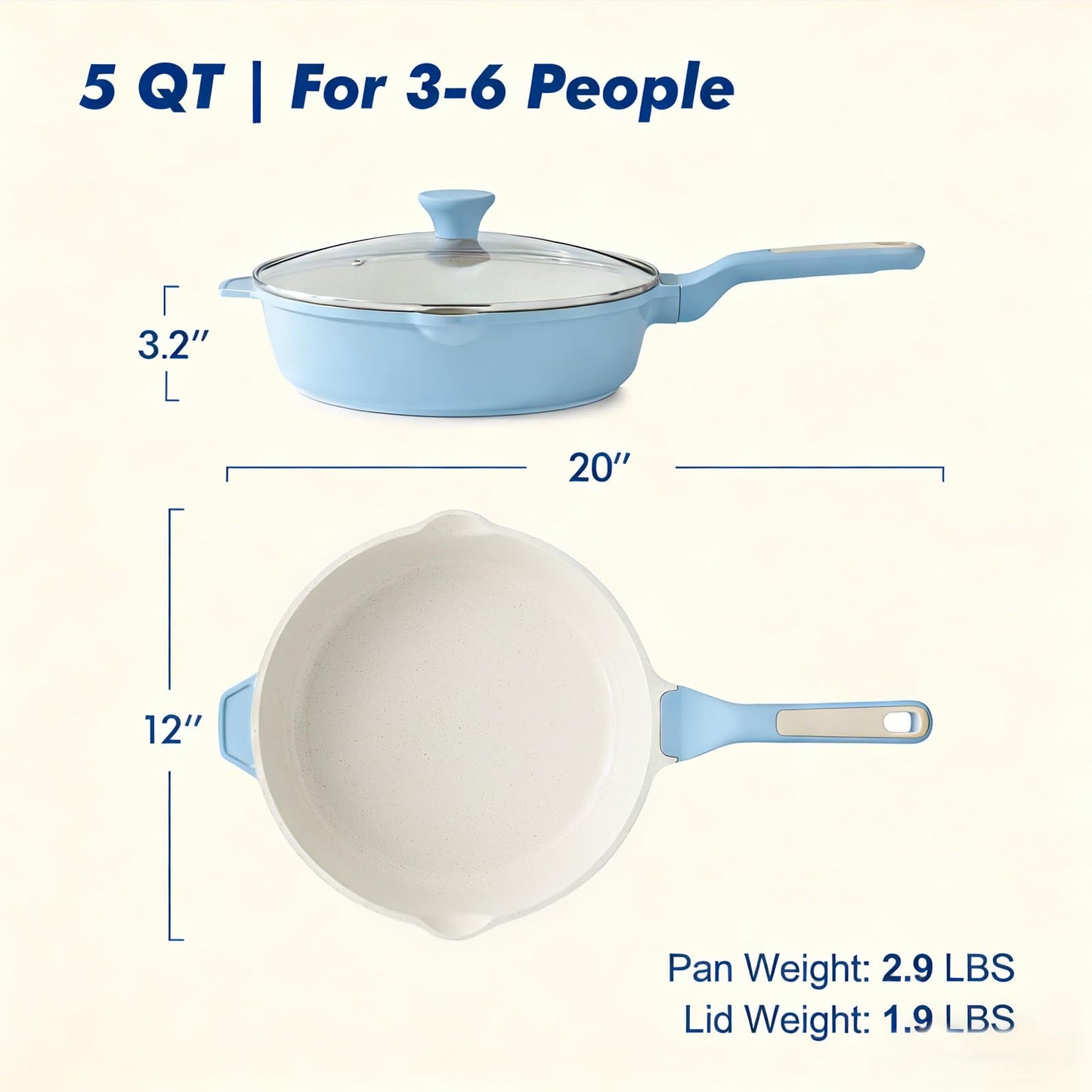 SENSARTE Nonstick Ceramic Skillet with Lid 12-inch, 5QT Non Toxic Deep Frying Pan, Saute Pan with Lid, Stay-cool Handle, Healthy Cooking Pot, Induction Compatible, Blue