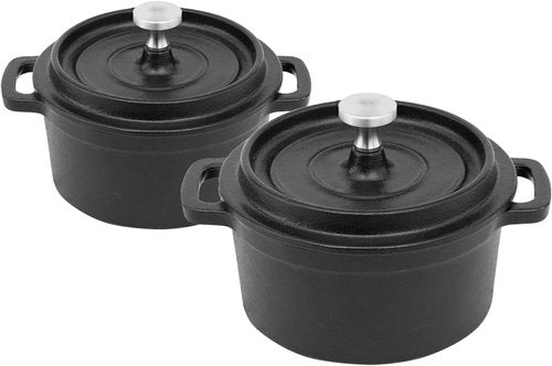Flavehc Mini Cocotte | 8 oz Cast Iron Dutch Oven - Garlic Roaster Set of 2, Black