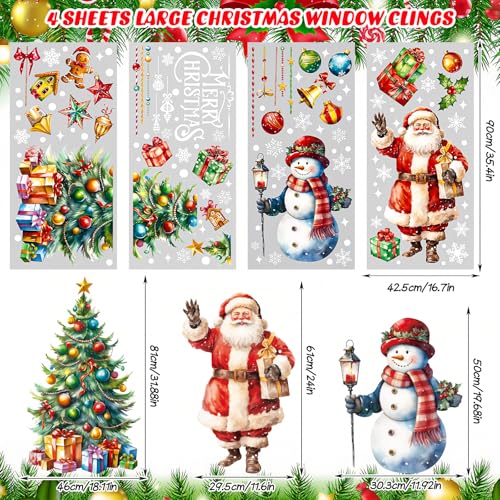 DERAYEE Christmas Window Clings 4 Sheets - Extra Large Double-Sided Santa, Snowman & Tree Decals
