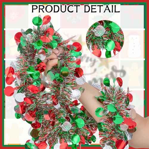 20FT/6M Christmas Tinsel Garland, Red Green Silver Metallic Twist Foil Tinsel Garland Shiny Christmas Hanging Decoration for Xmas Tree Decoration Wedding Party Supplies