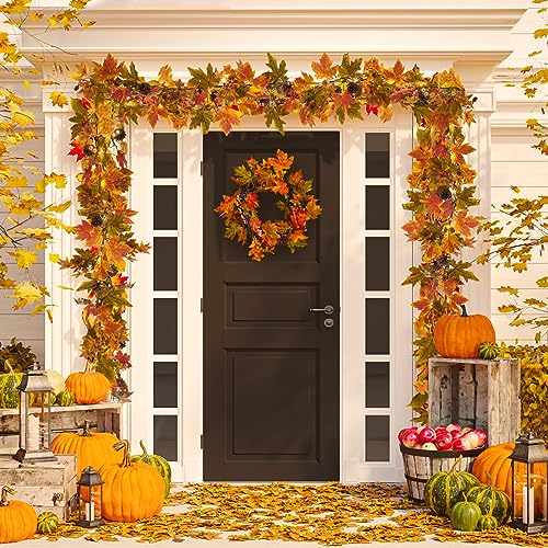 Autumn Maple Leaf Garland 9 Ft with 30 Warm Lights Fall Decor for Mantel & Outdoors