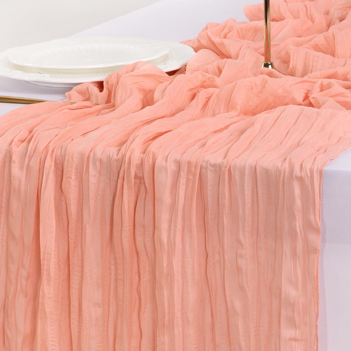 Socomi Coral Peach Summer Cheesecloth Table Runner Boho Rustic Gauze 120 inch 10FT Cheese Cloth Sheer Runner for Wedding Party Baby Shower Birthday Home Decor Holiday Decorations