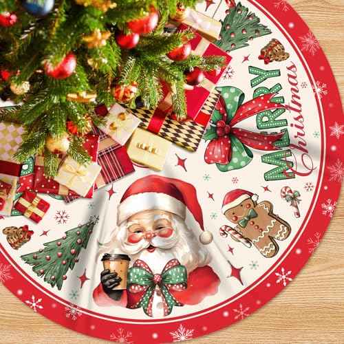 Santa Claus Christmas Tree Skirt Red Christmas Tree Skirt with Santa Gingerbread Man and Bow for Merry Xmas Party Decorations Vintage Xmas Party Decor for Holiday New Years