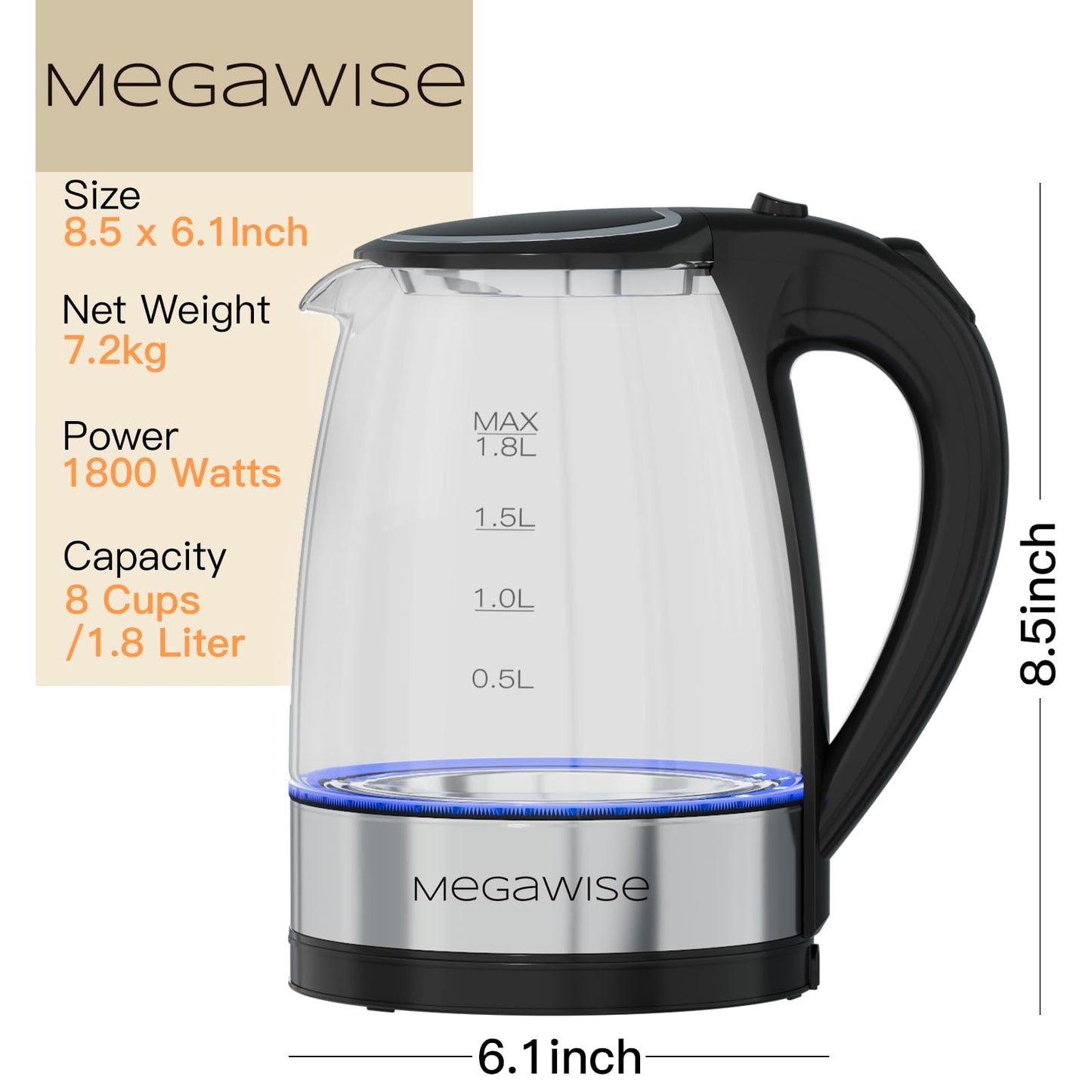 Megawise Electric Glass Kettle with Auto Shut-Off, BPA-Free, Stainless Steel Inner Lid & Base, Blue LED Indicator, Easy Clean, Cord Storage (1.8L)