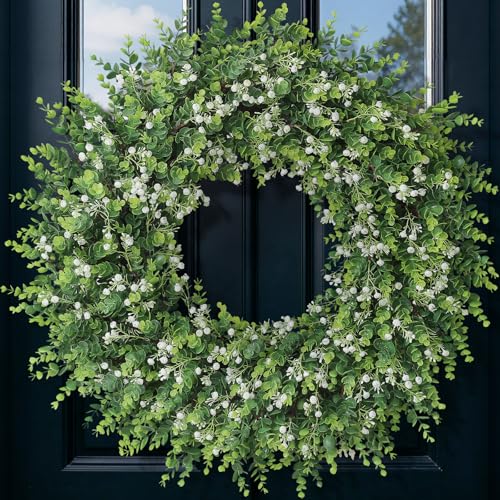 32-Inch Artificial Eucalyptus Wreath with Flowers for Front Door - White-Green, FOTEEWL