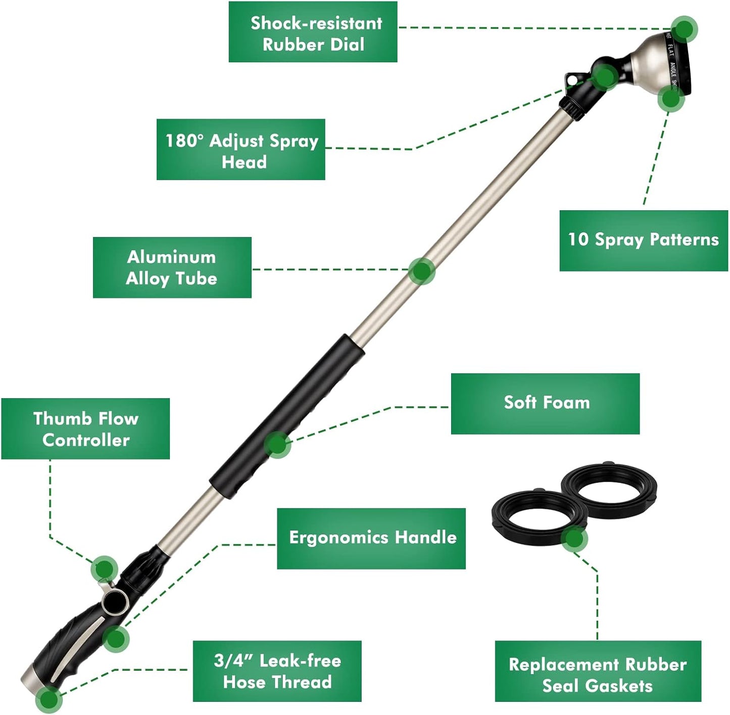 RESTMO 36” Watering Wand - Heavy Duty Metal Hose Wand with 180° Swivel Head & 10 Spray Patterns