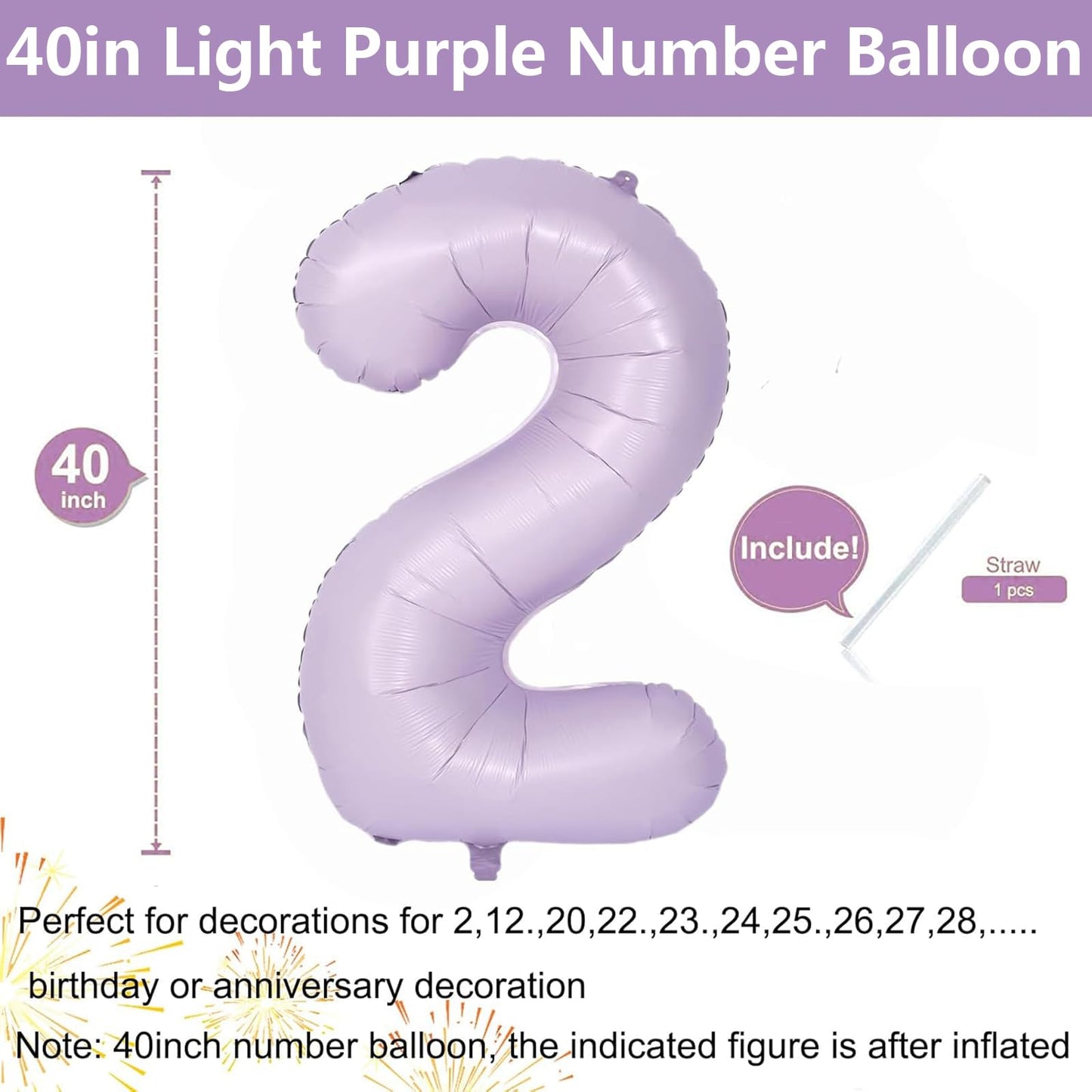 40 Inch Purple Number Balloons Light Purple 2 Balloon Matte purple Birthday Balloons 0-9 Birthday Wedding Party digital Decorations (Number 2)
