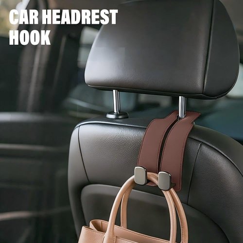 Fauppt Car Headrest Hooks - Stylish Leather Purse Holders & Bag Organizers | Set of 2 Black