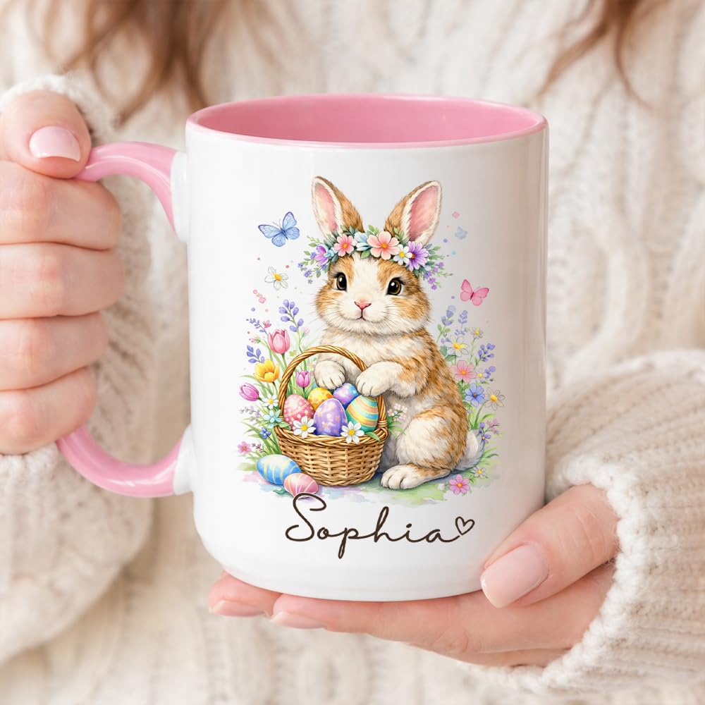 Personalized Easter Bunny Coffee Mug, Cute Bunny with Colorful Eggs Basket Ceramic Cup, Custom Spring Gift for Boys Girls, Adorable Rabbit Mug for Family Children Gift Idea 11oz 15oz/Idea4