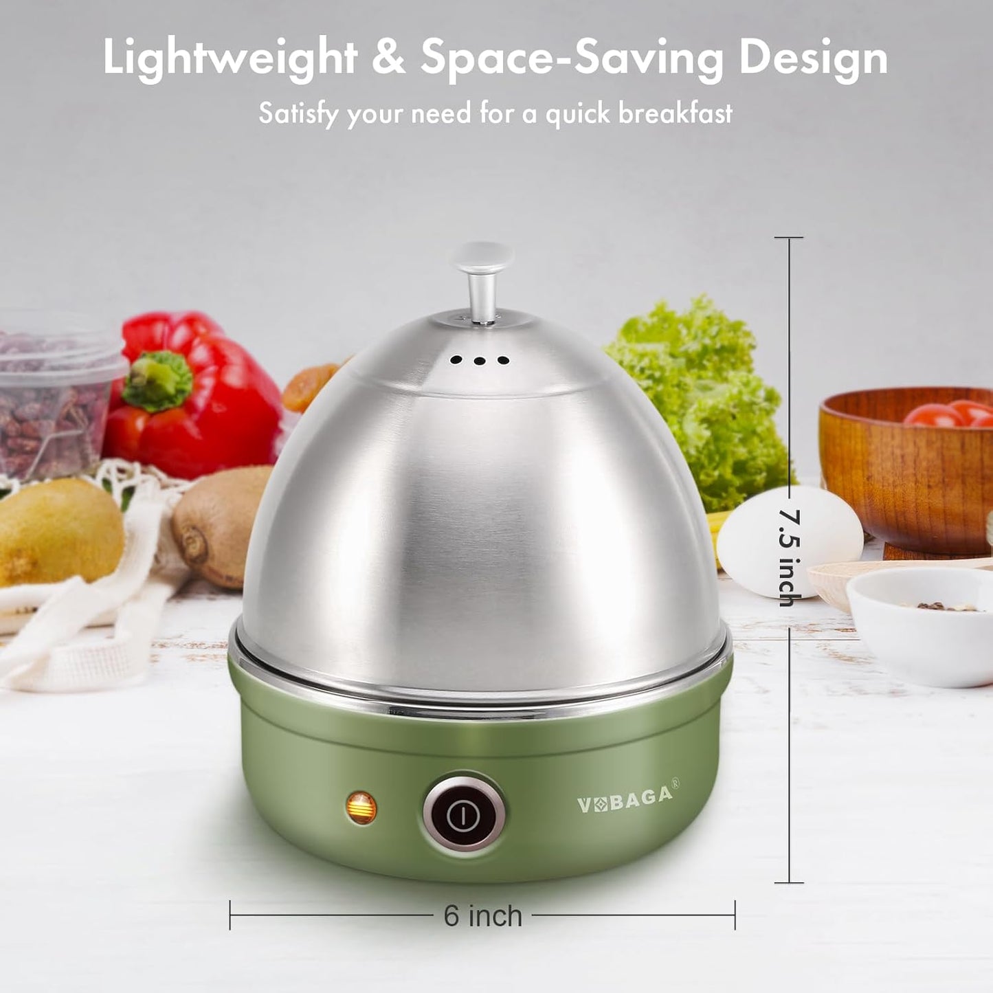 VOBAGA Electric Egg Cooker - Rapid Egg Boiler with Auto Shut Off | 7-Egg Capacity, Stainless Steel Tray, Green