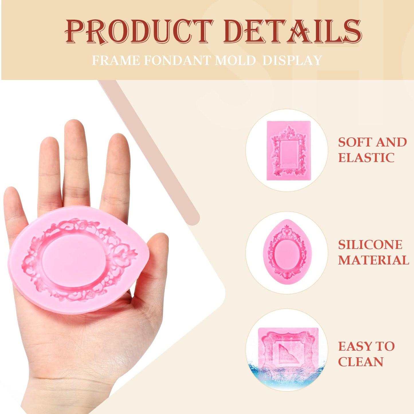 JJUNW 4 Pcs Photo Frame Silicone Molds, Baroque Style Air Dry Clay Molds, Mini Frame Molds Silicone for Cupcake Topper Cake Decoration Chocolate Candy Polymer Clay