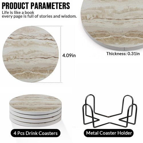 Ceramic Coasters Set of 6, Marble-Textured Design with Holder - Absorbent Cork-Backed Coasters for Cups, Bar & Coffee Table Decor Accessories (Khaki Marble, 4 Pack)