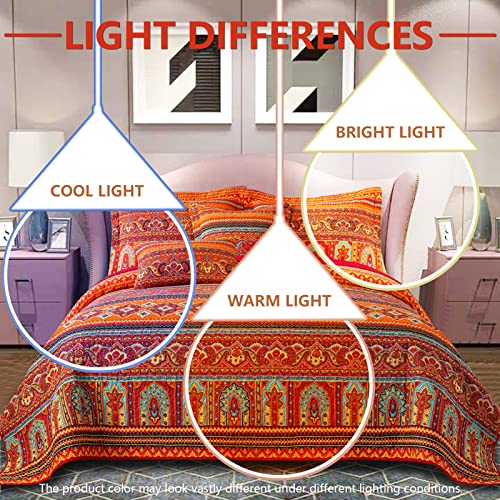 VAPUTAR Boho Striped Red/Orange King Quilt Bedding Set 98x106 inches