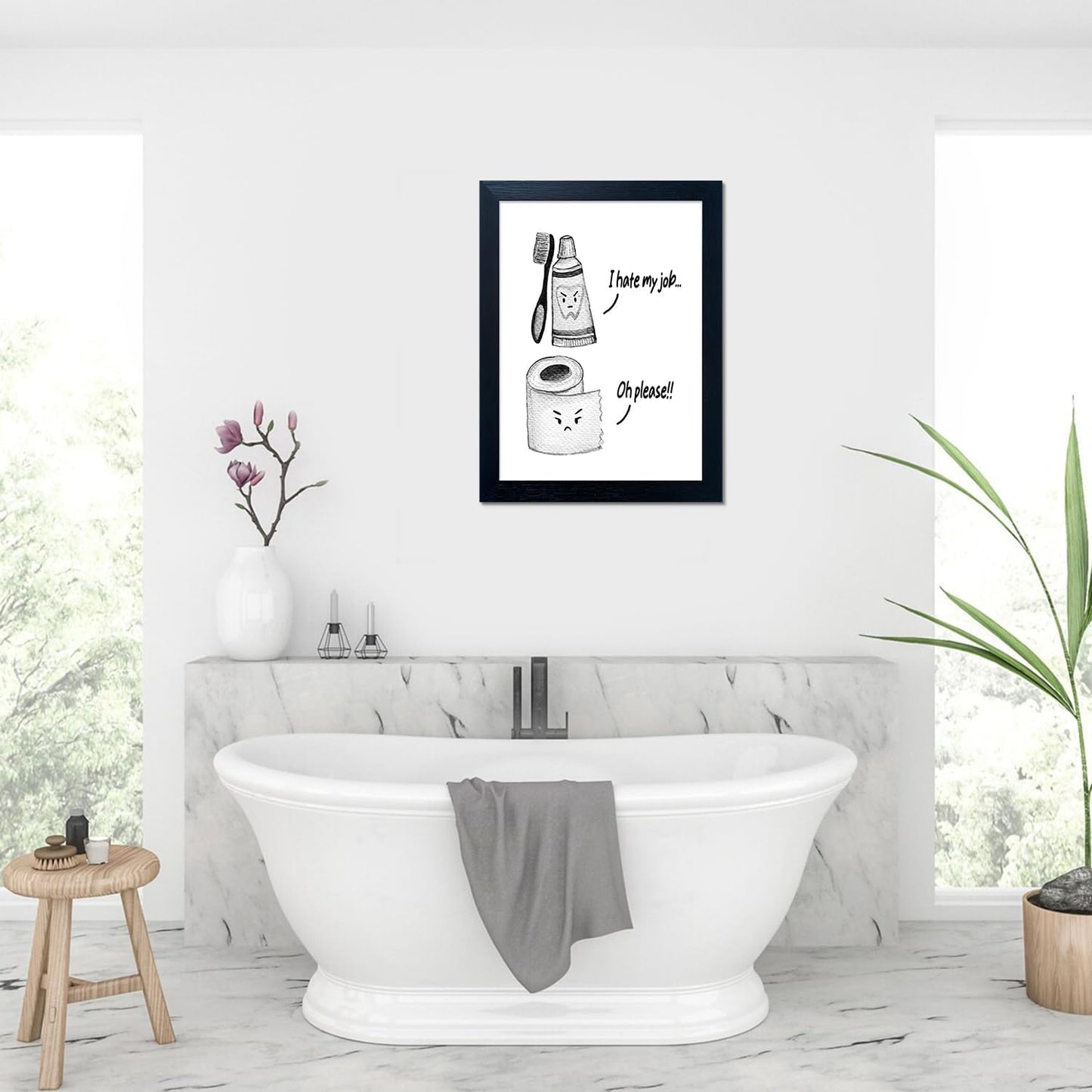 Skiennix Kids Bathroom Decor - Black and White Framed Art Print | Funny Toilet Paper & Toothbrush Design