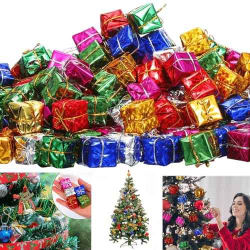 TONGMAN 36 Pcs Christmas Tree Small Gift Boxes Hanging Decorations Mini Christmas Foil Box Handmade Ornaments Assorted Colors