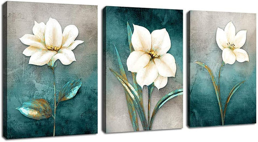 Flower Canvas Wall Art Cream White Floral Wall Decor Turquoise Tealish Grey Background Canvas Picture Modern Rustic Artwork Bathroom Bedroom Living Room Home Office Decoration 16" x 24" x 3 Pieces