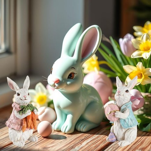 GoGnome Easter Bunny Figurines - Hand-Painted Resin Rabbits with Carrots & Egg | Set of 2 (White)
