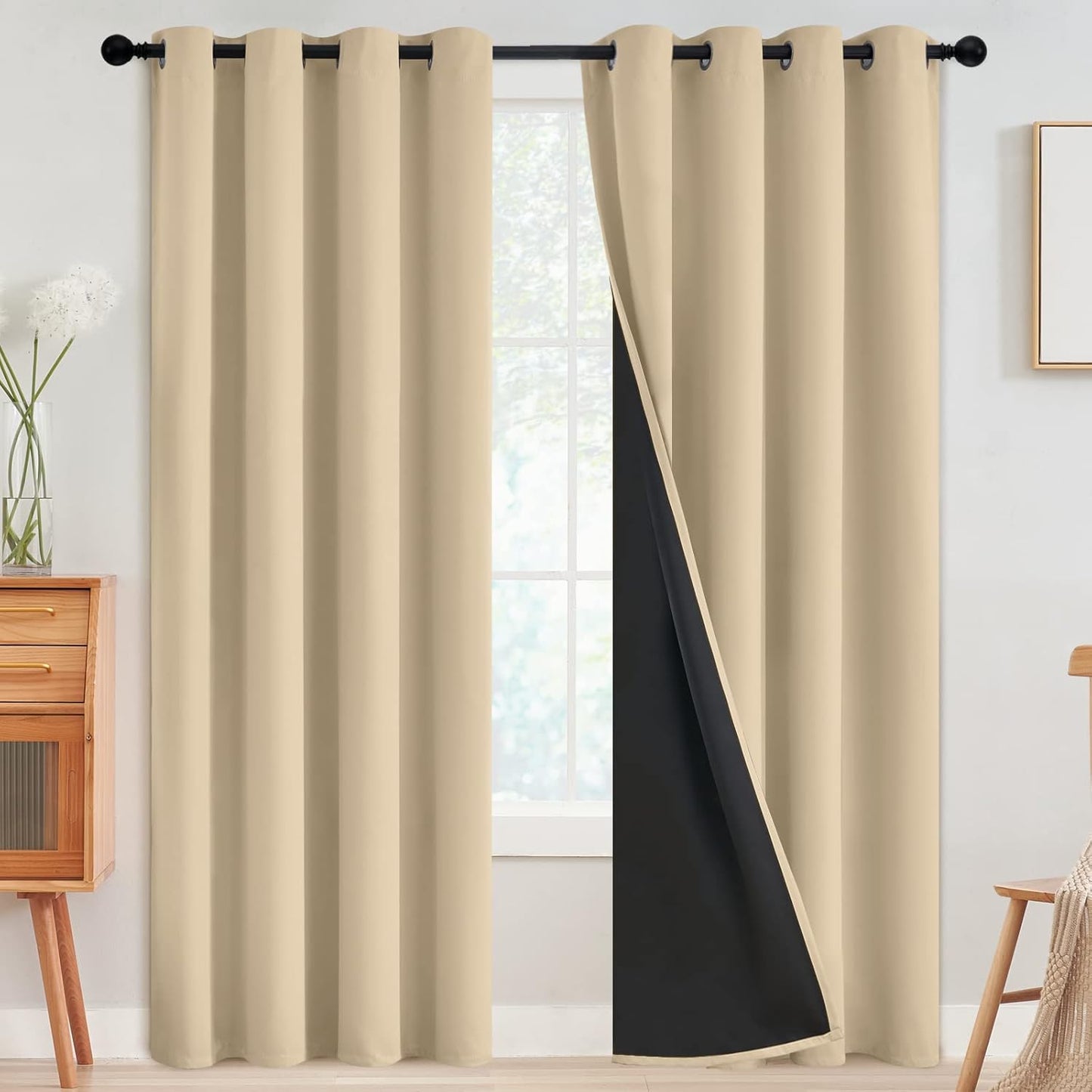 SimpleHome 100% Blackout Curtains - Thermal Insulated Grommet Drapes for Bedroom & Living Room | Beige, 52 x 84 Inch, 2 Panels