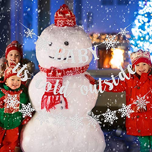 Silver Baby It's Cold Outside Banner and Snowflake Banner Garland, Winter Wonderland Baby Shower Party Decorations