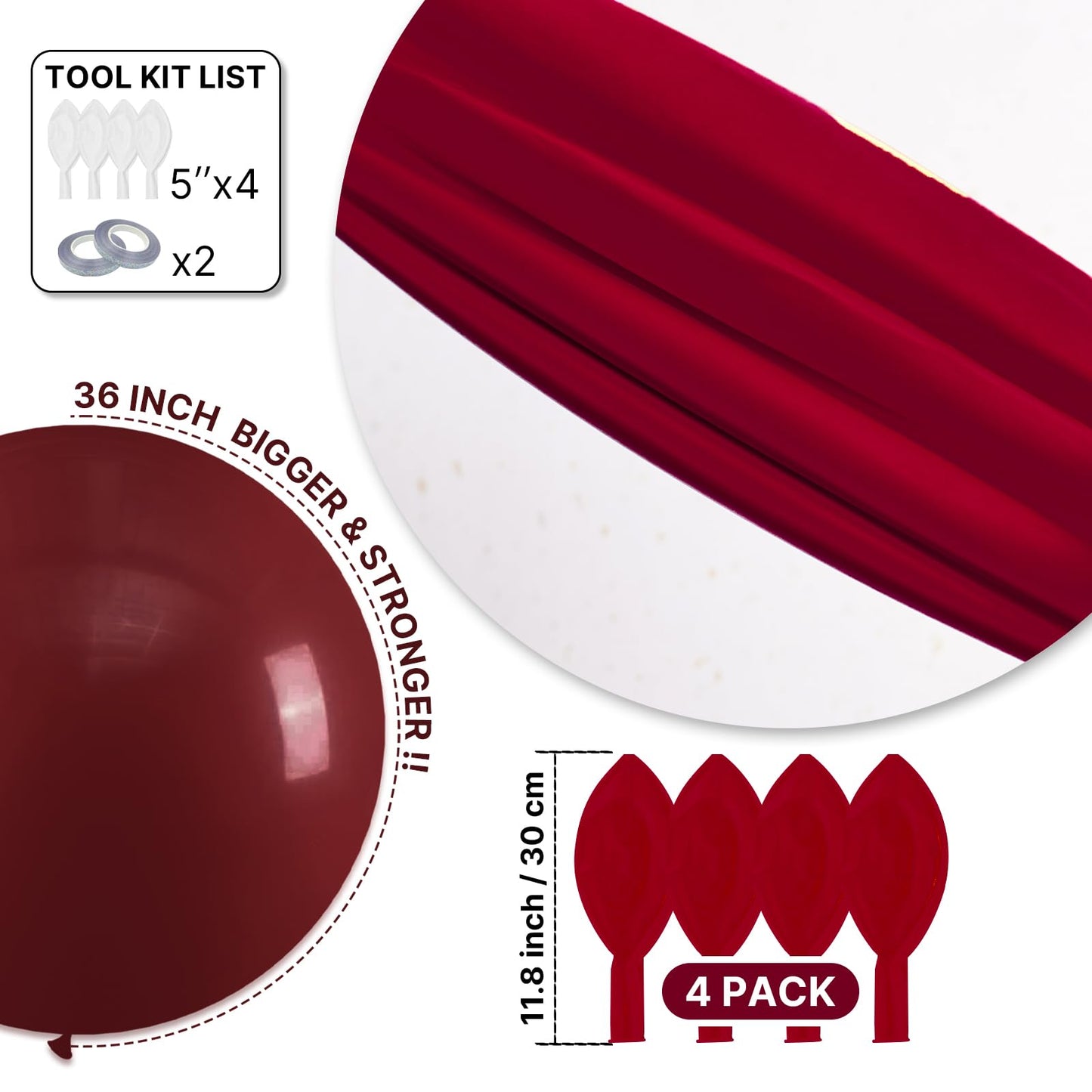 PartyWoo Burgundy Balloons 4pcs 36 Inch Dark Red Maroon Ruby Red Latex Helium Balloons for Graduation Valentine's Day Wedding Anniversary Casino Citizenship Christmas Party Decorations Red-Y75