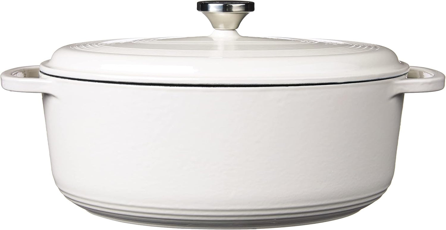 Lodge Enameled Cast Iron Oval Dutch Oven - 7 Quart with Lid & Dual Handles - Oven Safe to 500°F - Oyster White