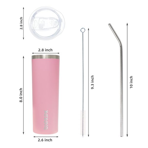 BJPKPK Skinny Insulated Tumbler, Stainless Steel Reusable Slim Insulated Travel Coffee Cup with Lid,Light Pink,20oz