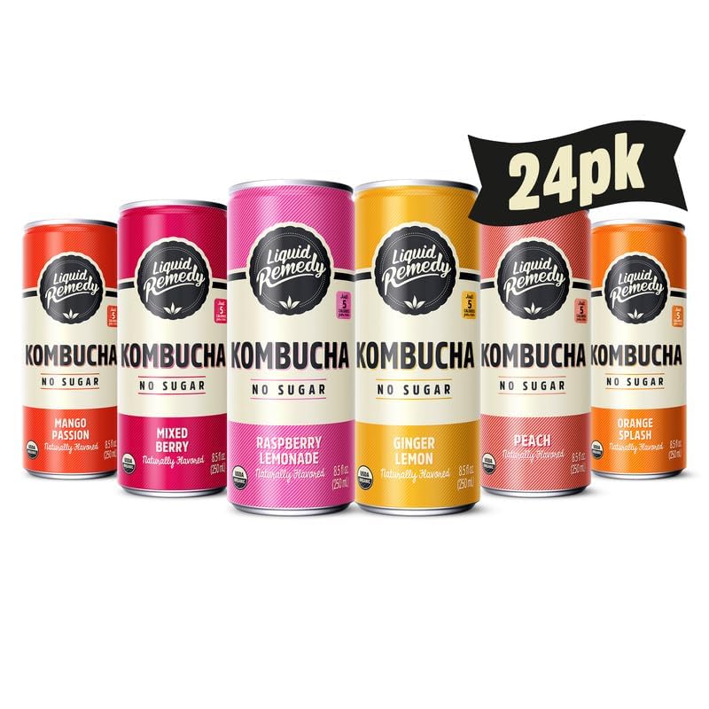 Liquid Remedy Sugar-Free Organic Kombucha Drink Variety Pack - Gut Health Probiotic Tea - 8.5 Fl Oz Cans, 24-Pack - Super Sampler