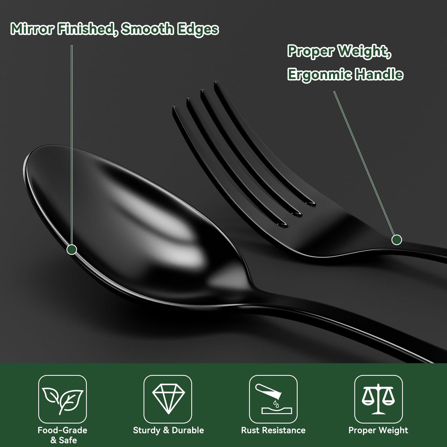 JUNLIN 49 Pieces Black Silverware Set with Steak Knives, Stainless Steel Silverware with Organizer Flatware Utensils Set for 8, Forks and Spoons Silverware Set Cutlery Set
