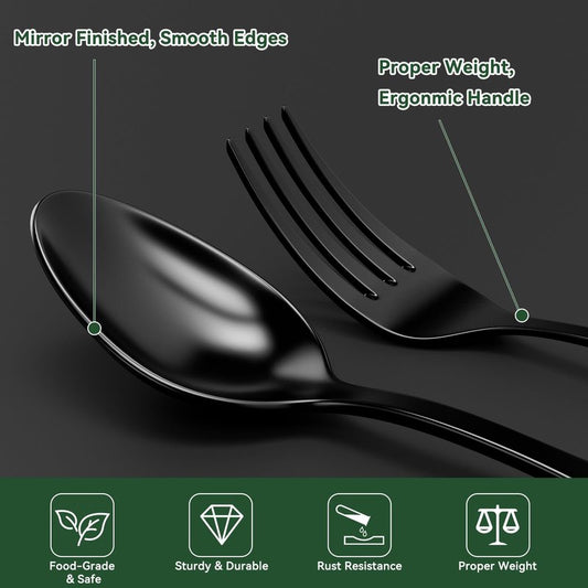 JUNLIN 49 Pieces Black Silverware Set with Steak Knives, Stainless Steel Silverware with Organizer Flatware Utensils Set for 8, Forks and Spoons Silverware Set Cutlery Set
