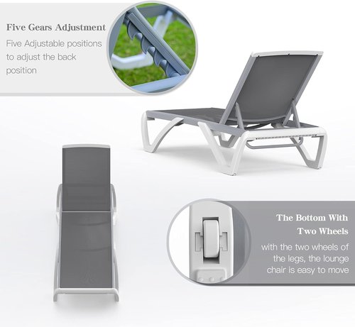 Domi Patio Chaise Lounge Chair Set - Adjustable Outdoor Aluminum Chairs with Side Table | 2 Grey Chairs
