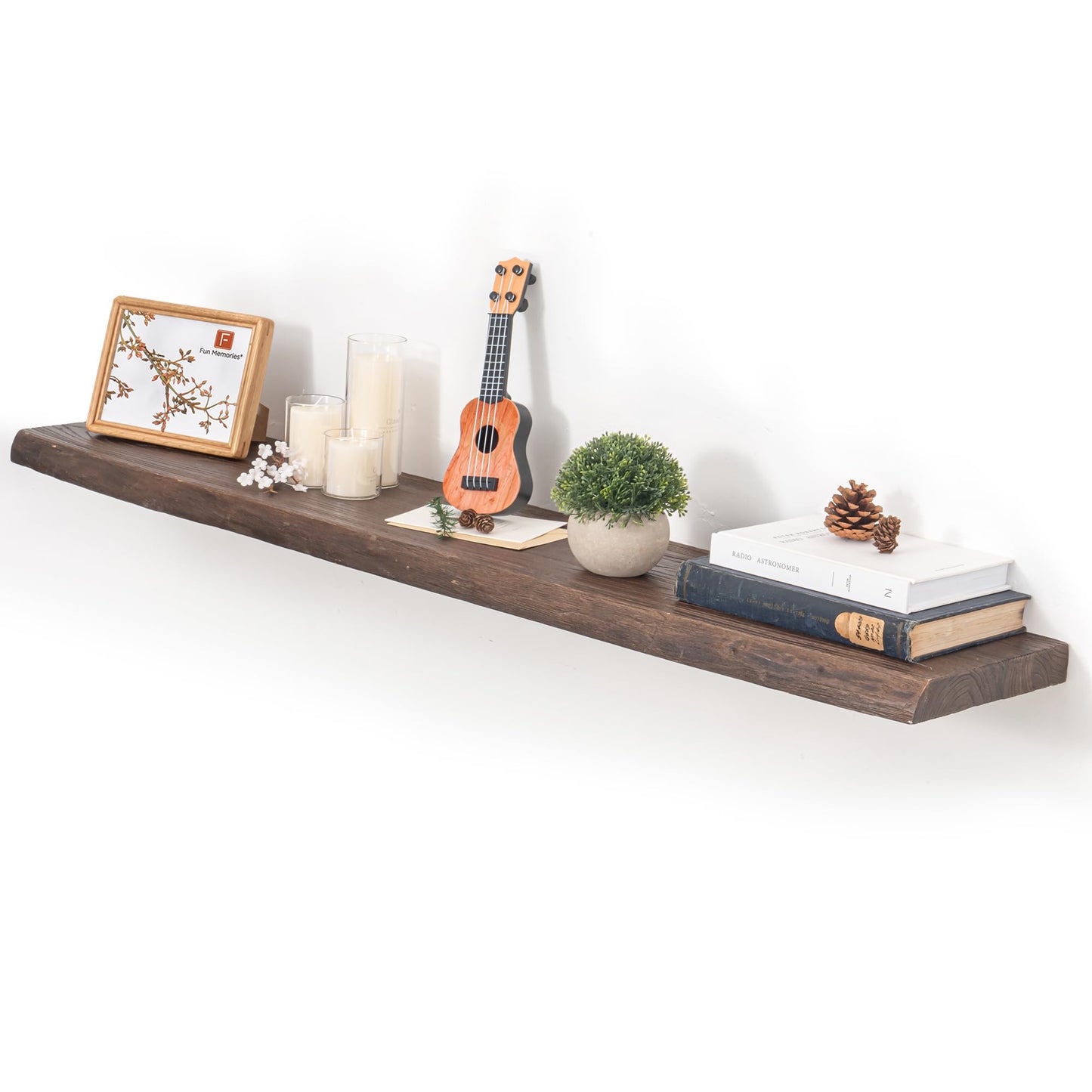 Floating Shelves for Wall, 48"x9.3" Rustic Solid Live-Edge Elm Wood Wall Shelves, Heavy-Duty Floating Shelves with Invisible Brackets, Set of 2 for Living Room, Bedroom, and Kitchen, Walnut Finish