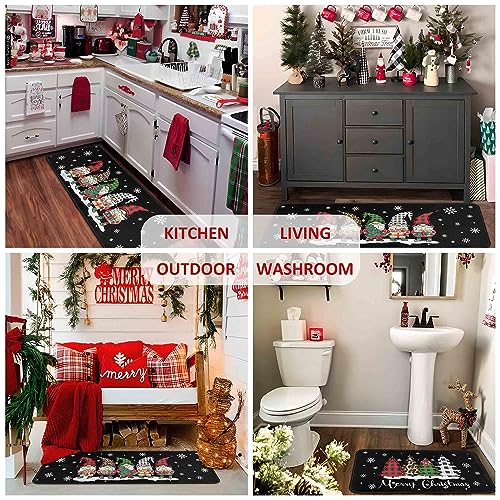 Noulmea Christmas Gnomes Kitchen Rugs Set of 2 - Black, 17x47 & 17x30 Winter Holiday Decor