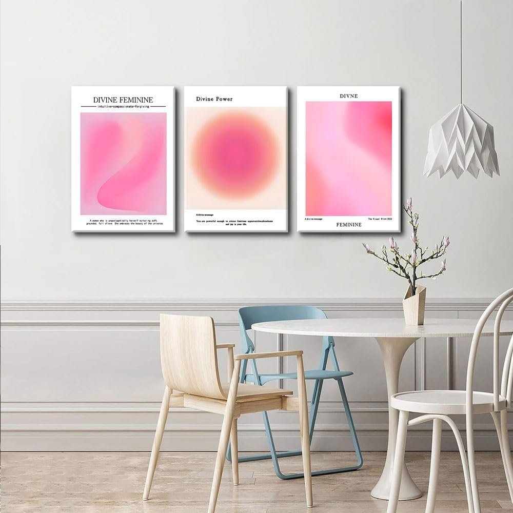 Trendy Aesthetic Canvas Wall Art Set of 3 - Pink Gradient Aura Angel Posters | Framed 12x16 Inch Decor for Bedroom & Living Room