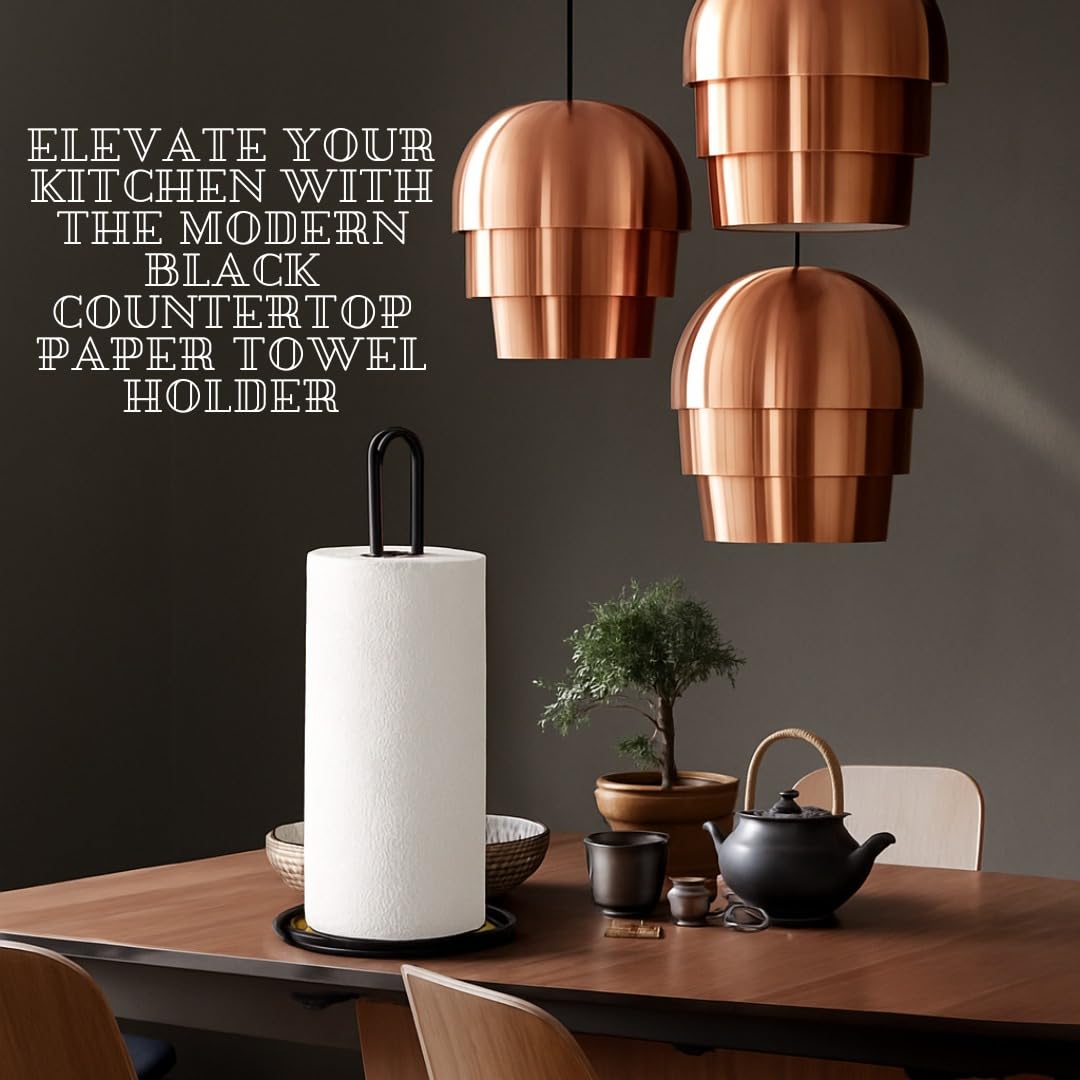 Divine Glance Premium Paper Towel Holder, Modern Heavy Duty Freestanding Standing Kitchen Roll Dispenser with Anti Slip Weighted Base Countertop Paper Roll Organizer - Black (Open Cut Design)