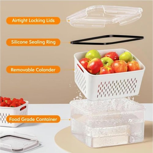 4 in 1 Food Storage Container Set - Large Fruit Containers with Lid & Strainer | White (3PC)