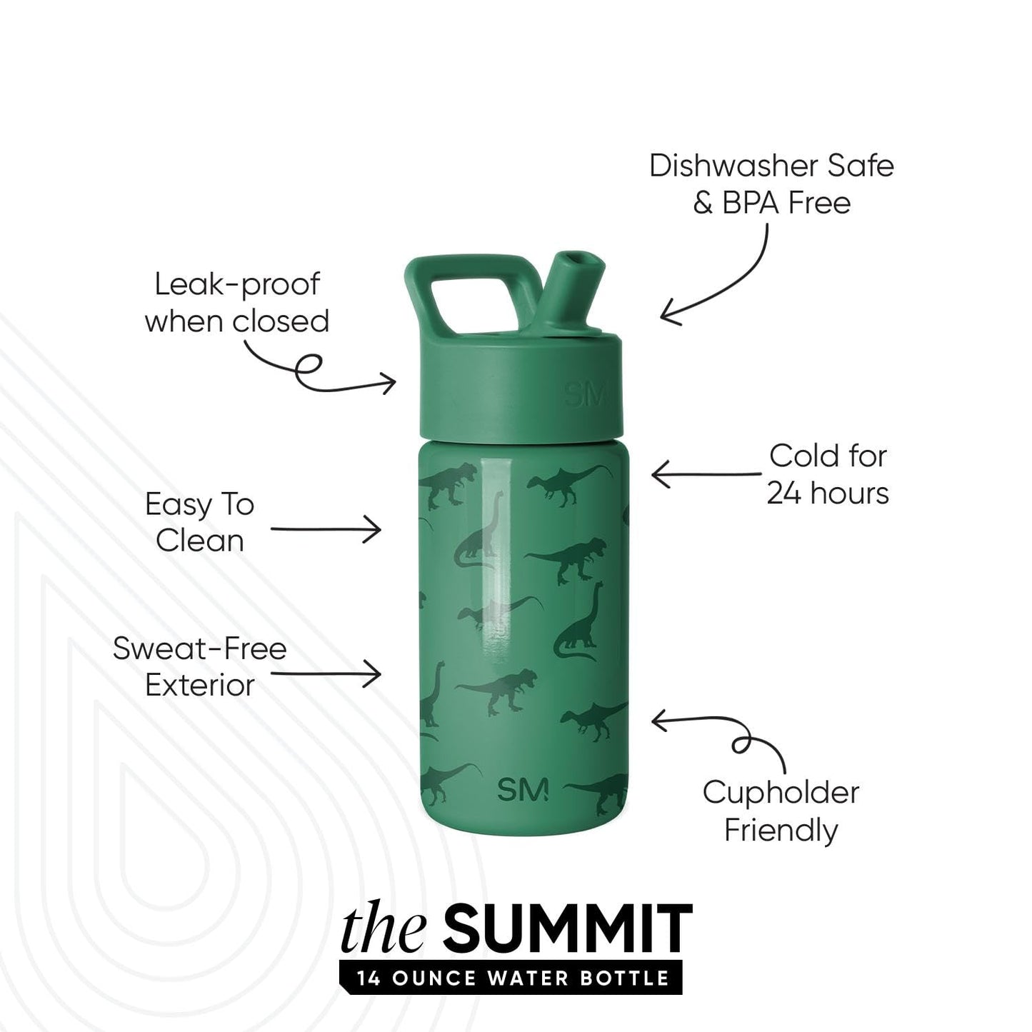 Simple Modern Kids Summit Water Bottle with Straw Lid | 14oz Stainless Steel Cup Insulated Tumbler for Toddlers, Boys, School | Dino World