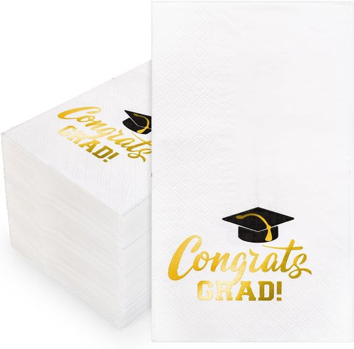 FYSUIMU Graduation Guest Napkins - 50 Pcs Gold Foil Congrats Grad Design | Disposable Dinner Paper Towels