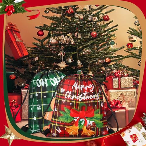 Aliceset 50 Pcs Christmas Drawstring Gift Bags Buffalo Plaid - 9.84x11.81in Stocking Snack Wrapping Sacks